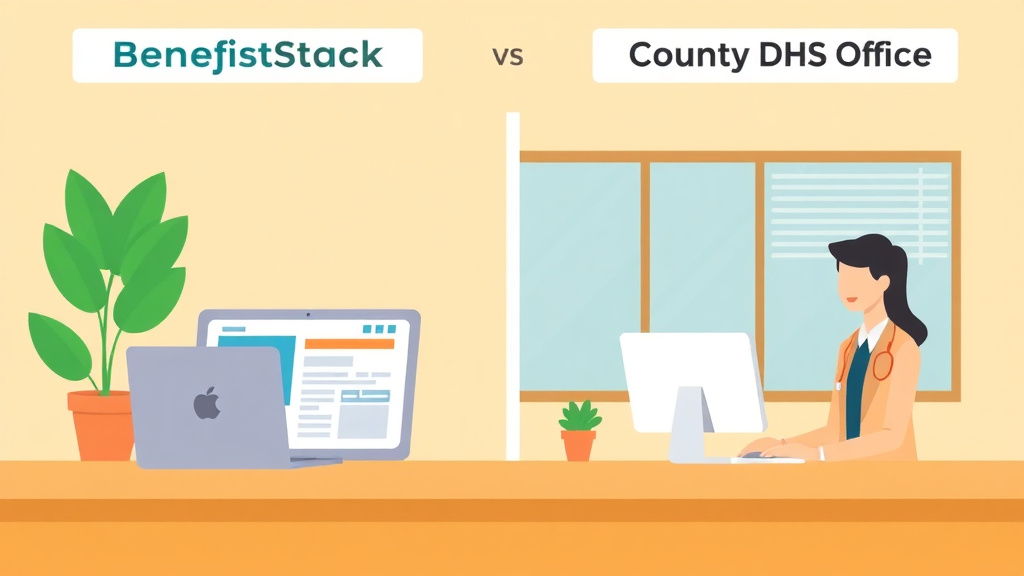 Conceptual diagram showing how benefitStack vs Your County DHS Office: Online vs In-Person works in practice