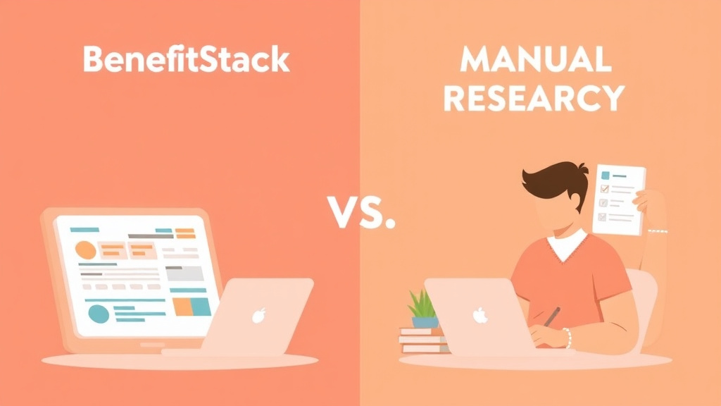 Illustration breaking down the fundamentals of benefitStack vs Manual Research: Time and Accuracy Comparison
