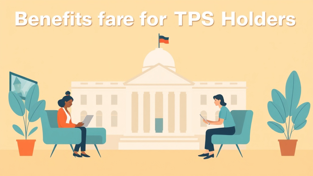 A professional illustration depicting benefits for TPS Holders: Temporary Protected Status Programs