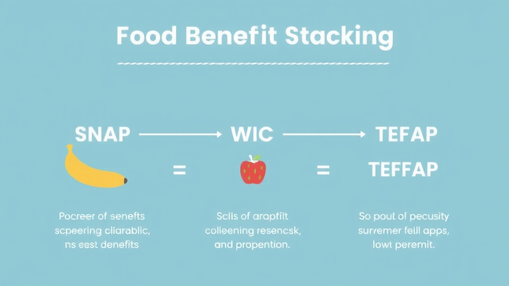 Action-oriented illustration showing how to apply food Benefit Stacking: SNAP, WIC, School Meals, TEFAP