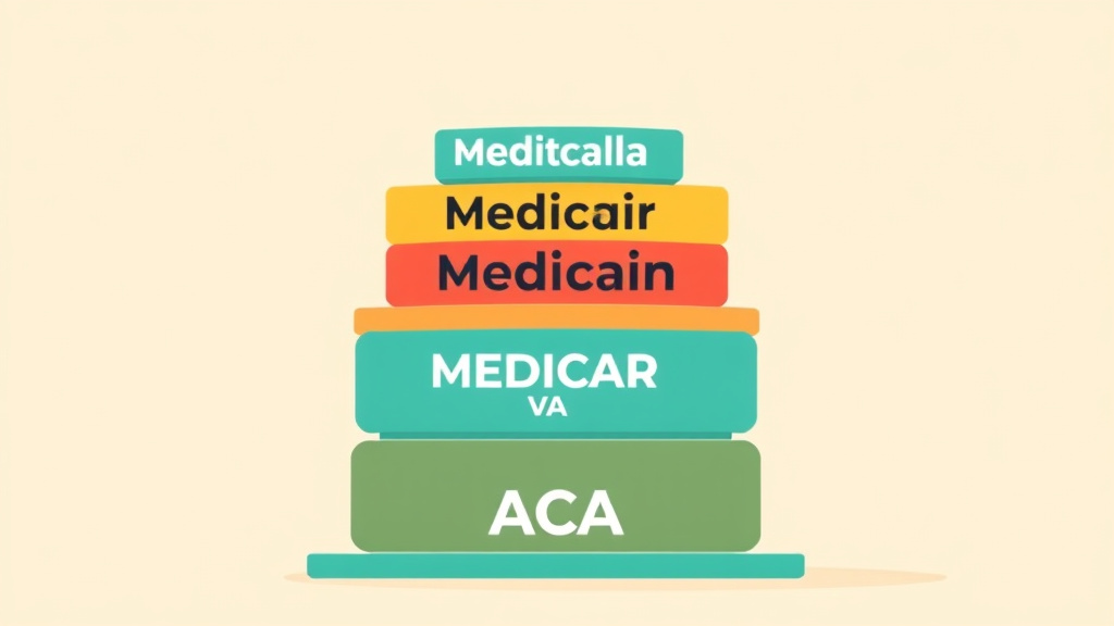 Educational graphic covering the essentials of healthcare Benefit Stacking: Medicaid, Medicare, VA, and ACA