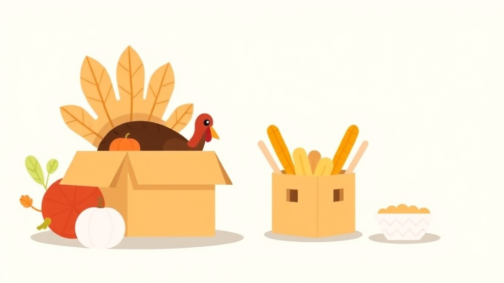 A professional illustration depicting thanksgiving Food Assistance Guide: Free Meals and Food Boxes
